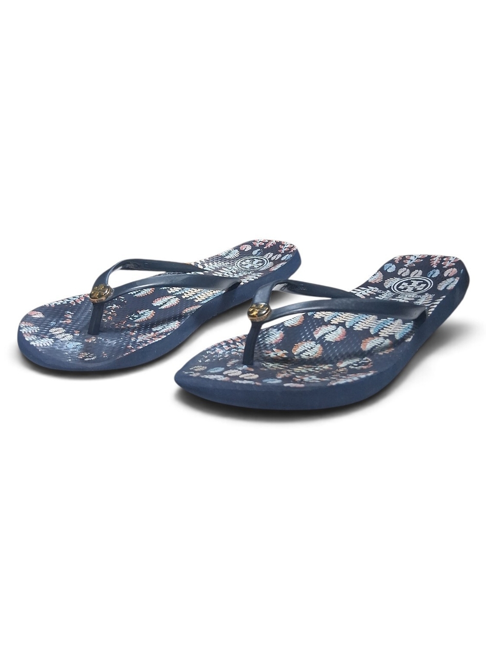 Tory Burch Thin Flip Flop Thong Sandal Navy Blue Fern Print Women Size 8.5/ Fair